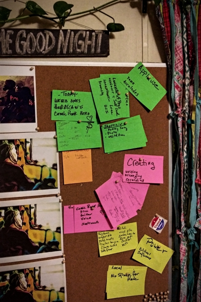 Photo of Cork board organized with color-coded index cards. 3 categories, 3 sub-cards. No points for neatness. But it works.