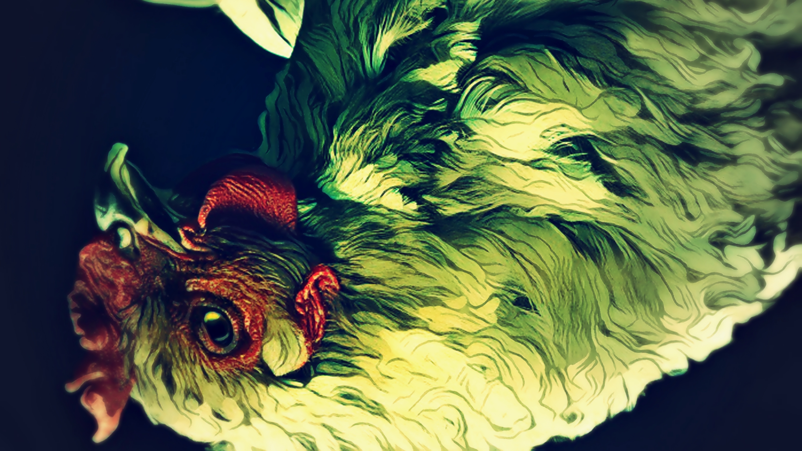 "Pain Is Pain," original digital illustration in a graphic novel-influenced style of chicken upside down, in pain.