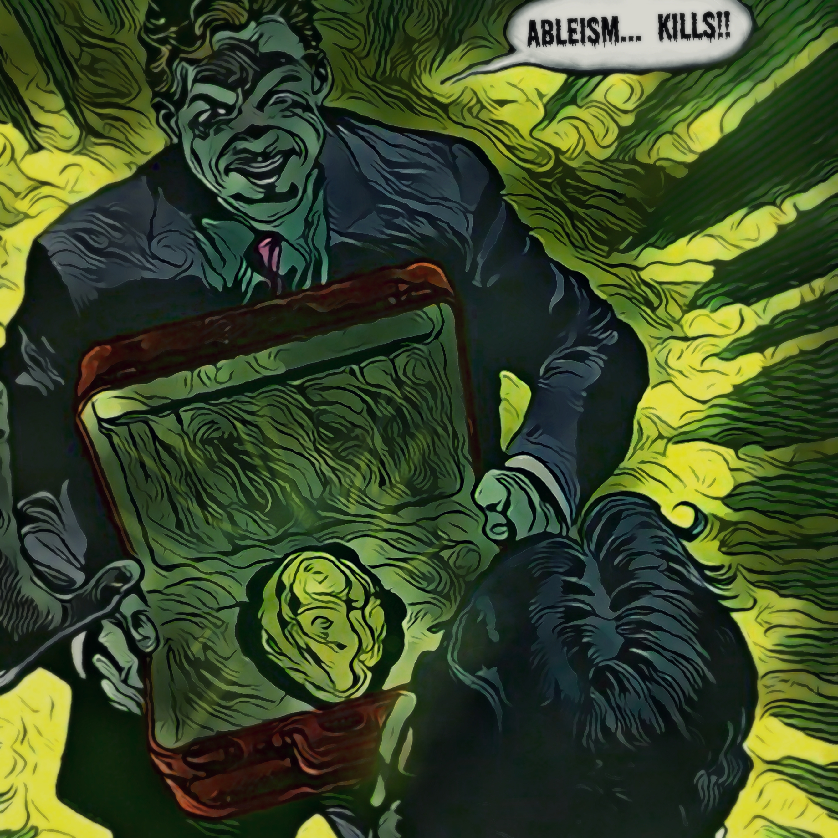 "#AbleismKills," original parody illustration based on a famous Superman DC Comics panel. An illustration of a make supervillain, dressed in black, threatening Superman with green Kryptonite held in a briefcase.