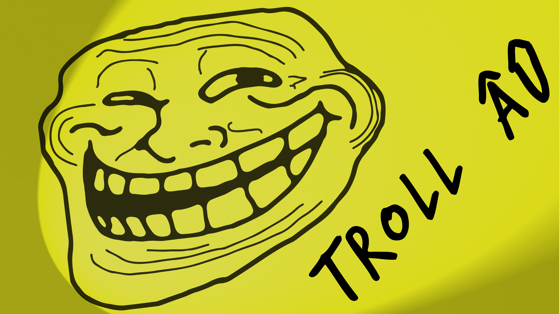 "Troll Âû," original digital scrawl of a social media troll meme. On a yellow background, lit by spotight. On left, a scrawled sketch of an internet troll meme. On the right the words, "Troll Âû."