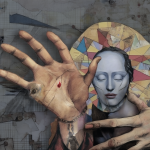 Avatar detail from "If You Meet a Saint along the Road," original digital tableau by the author. In a surreal cubist collage, a female saint holds up her hand as another hand reaches around her throat. In the background crows, gas masks, syringe, pills, school bell, objects of control. Digital tools include AI.