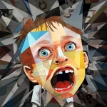 Avatar detail from "Calm Down," digital illustration by Johnny Profane Âû. Closeup of a young boy's face during a meltdown. He wears a birthday hat and is standing on a park merry-go-round. In the background a peaceful scene of people walking dogs in a village park surrounded by trees. In a cubist collage style with dark tones an vibrant colors. Digital tools used include AI.