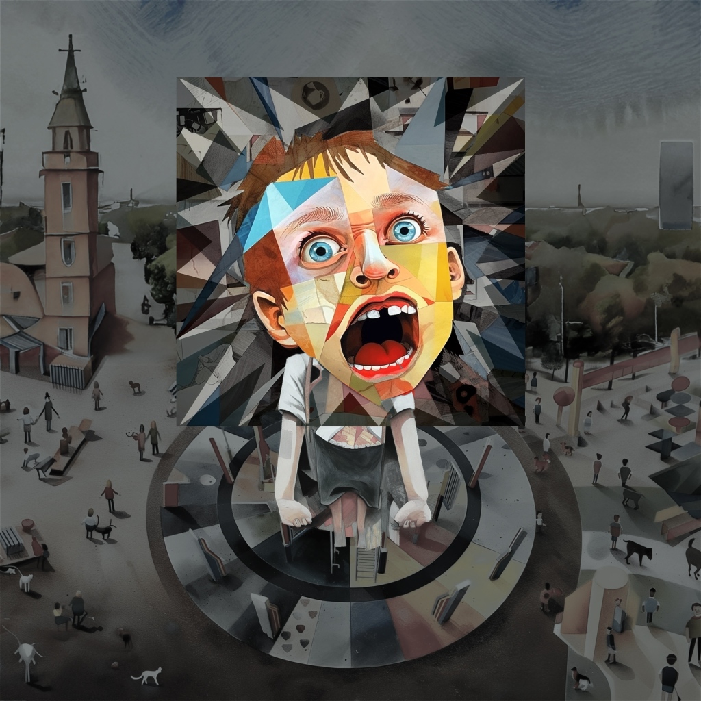 "Calm Down," digital tableau by Johnny Profane Âû. Closeup of a young boy's face during a meltdown. He wears a birthday hat and is standing on a park merry-go-round. In the background a peaceful scene of people walking dogs in a village park surrounded by trees. In a cubist collage style with dark tones an vibrant colors. Digital tools used include AI.