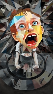 Selfie detail from "Calm Down," digital illustration by Johnny Profane Âû. Closeup of a young boy's face during a meltdown. He wears a birthday hat and is standing on a park merry-go-round. In the background a peaceful scene of people walking dogs in a village park surrounded by trees. In a cubist collage style with dark tones an vibrant colors. Digital tools used include AI.