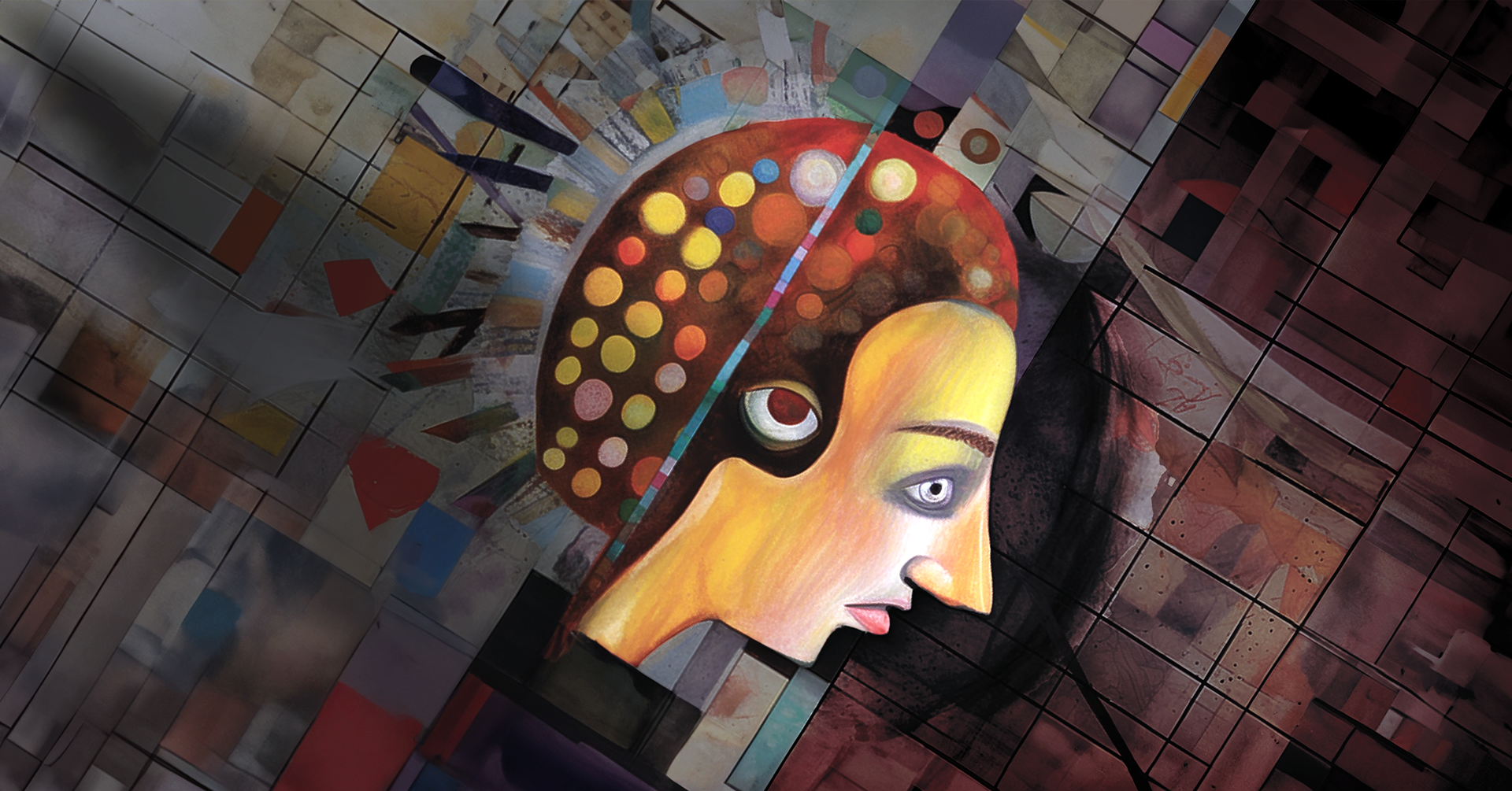 #AltText: The digital illustration “Banging Heads” portrays a cubist rendition of a young person in a moment of intense expression. The face is captured mid-motion, as if in contact with an unseen barrier, emphasizing a sense of impact. The style is abstract, with geometric shapes and contrasting colors fragmenting the image, which may symbolize the inner turmoil and frustration often experienced by those on the autism spectrum when confronted with overwhelming situations. The use of cubism reflects the multifaceted nature of such experiences, conveying both the complexity and the intensity of the moment.